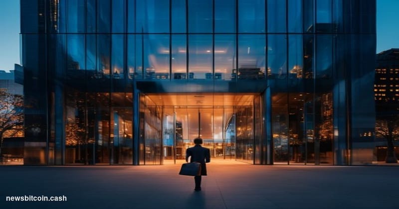 Cinematic photorealistic editorial photograph of Ripple's San Francisco headquarters exterior at dusk, dramatic low-angle sho
