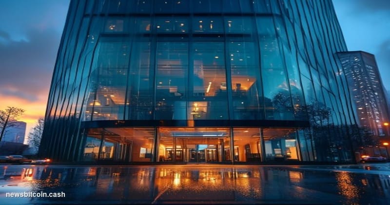 Cinematic photorealistic editorial photograph of Ripple's San Francisco headquarters exterior at dusk, shot from a low angle 