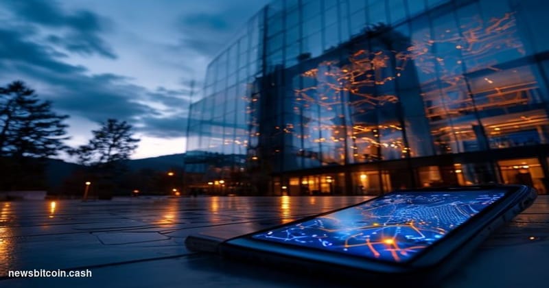 Cinematic photorealistic editorial photograph of the Robinhood Markets headquarters exterior in Menlo Park, California, shot 