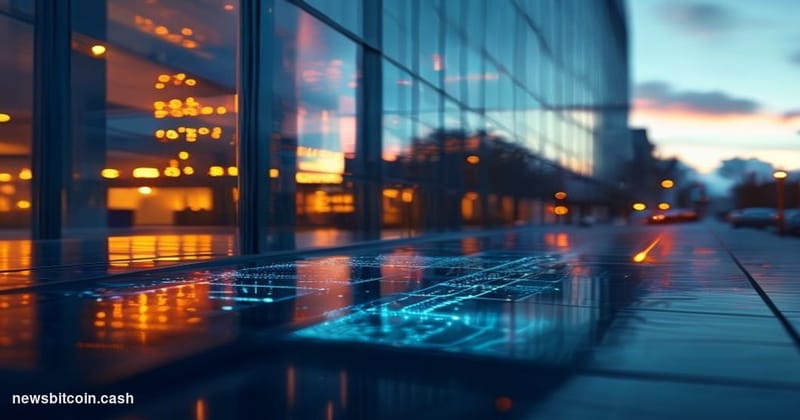 A cinematic photorealistic editorial photograph of Robinhood's Menlo Park headquarters exterior at dusk, the modern glass-and