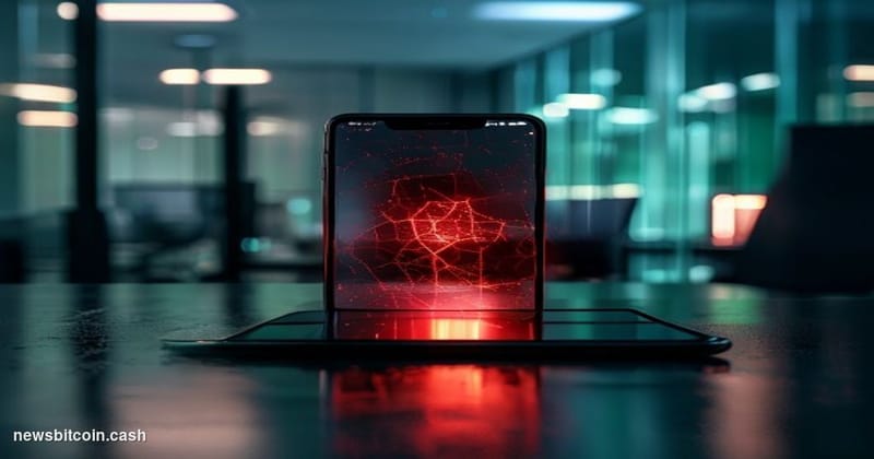 Cinematic photorealistic editorial photograph of a cracked smartphone screen displaying a social media profile page with a CE