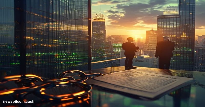 A cinematic photorealistic editorial photograph set in a dramatic financial district environment at dusk, with the warm amber