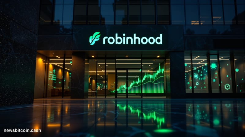 Cinematic photorealistic editorial photograph of Robinhood's Menlo Park or New York office exterior at dusk, with the distinc