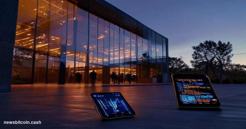 Cinematic photorealistic editorial photograph of Robinhood's Menlo Park, California headquarters exterior at dusk, with warm 