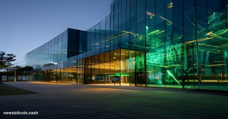 Cinematic photorealistic editorial photograph of Robinhood's Menlo Park, California headquarters exterior at dusk, the compan