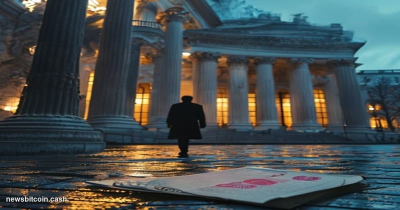 A cinematic photorealistic editorial photograph shot at dusk outside a grand Russian government building — dark neoclassical 