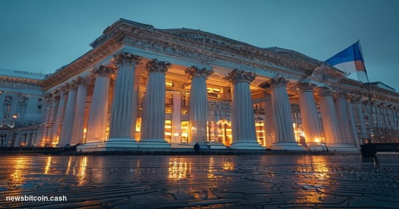 Cinematic photorealistic editorial photograph of the Russian State Duma building in Moscow, shot from a low angle at dusk wit