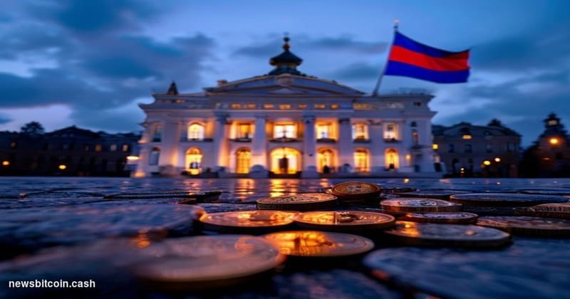 Cinematic photorealistic editorial photograph of the Russian State Duma building in Moscow at dusk, its grand neoclassical fa