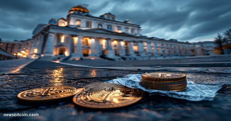Cinematic photorealistic editorial photograph of the Russian State Duma building in Moscow — the grand neoclassical facade on