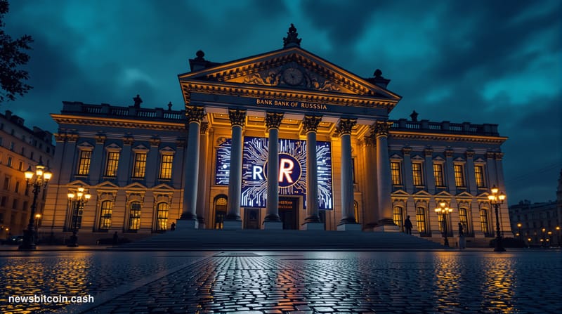 Cinematic photorealistic editorial photograph of the Bank of Russia's grand neoclassical headquarters building in Moscow, sho