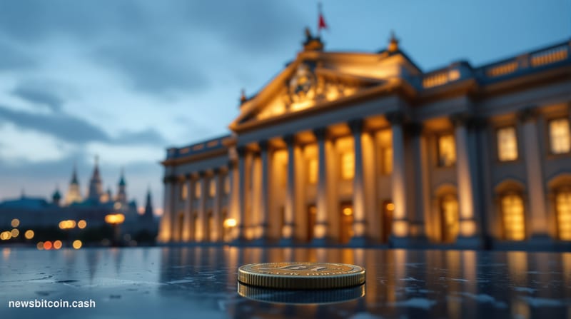 Cinematic photorealistic editorial photograph of the Bank of Russia's grand neoclassical headquarters in Moscow, shot at dusk