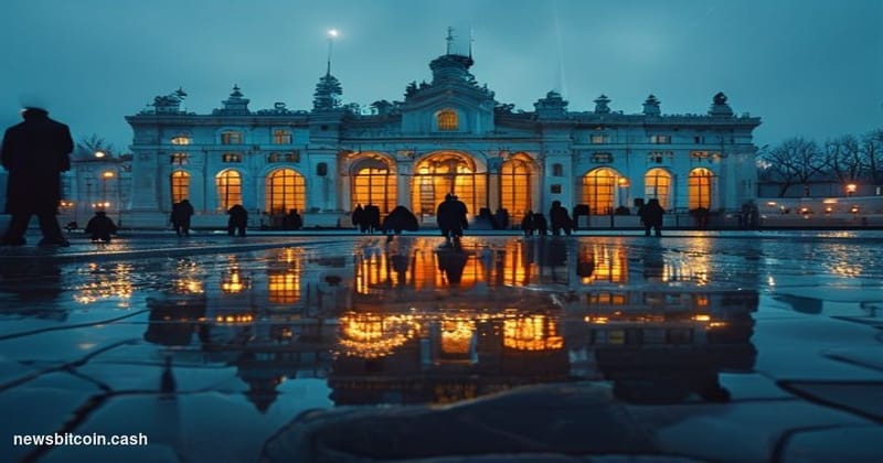 Cinematic photorealistic editorial photograph of the Russian State Duma building in Moscow, its grand neoclassical facade ill