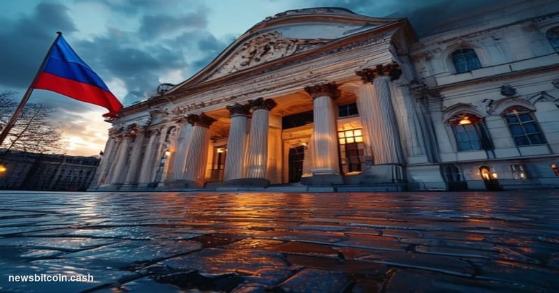 Cinematic photorealistic editorial photograph of the exterior of the State Duma building in Moscow, Russia, shot at dusk with