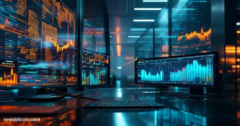 Cinematic photorealistic editorial photograph of a split-screen trading environment: on the left, a towering Binance-branded 