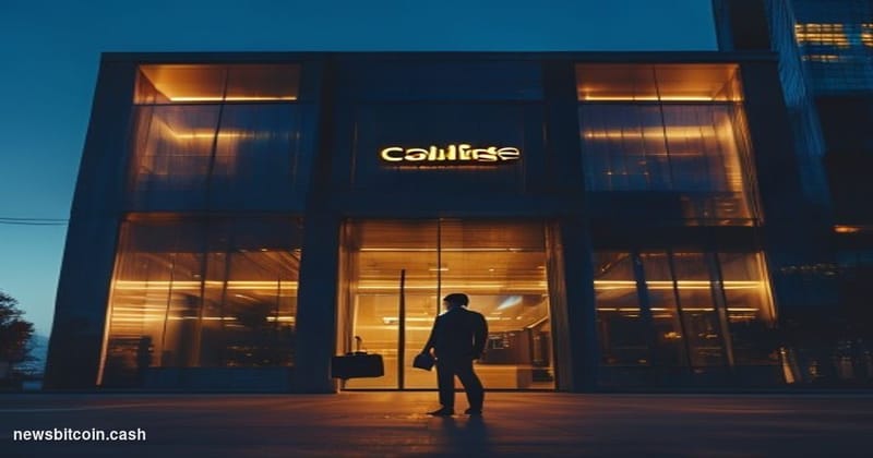 Cinematic photorealistic editorial photograph of Coinbase's San Francisco office exterior at dusk, shot from a low angle look
