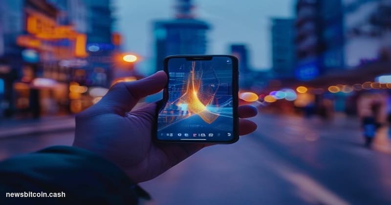 Cinematic photorealistic editorial photograph of a Samsung Galaxy smartphone held at arm's length by a person in a modern urb