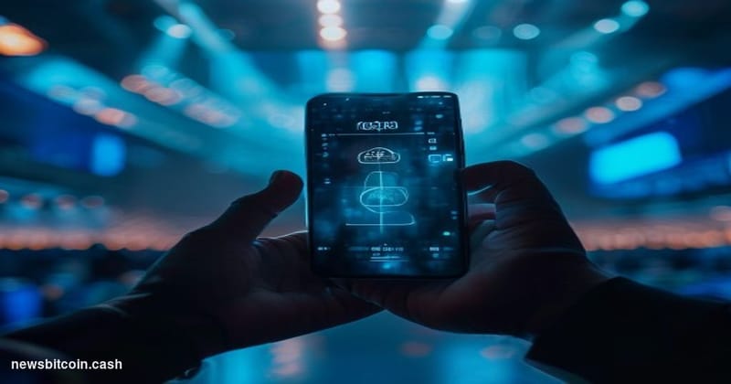 Cinematic photorealistic editorial photograph of a Samsung Galaxy smartphone held in a human hand, shot at close range with s
