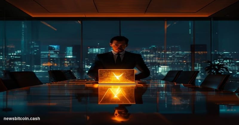 A cinematic photorealistic editorial photograph shot in dramatic low-key lighting inside a modern corporate boardroom at nigh