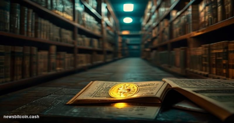 Cinematic photorealistic editorial photograph of a dramatically lit library or financial archive room, shelves stretching flo