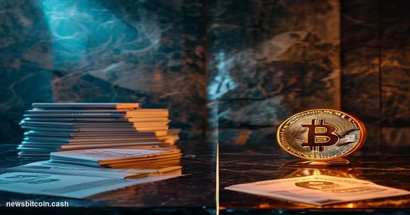 Cinematic photorealistic editorial photograph of two opposing podiums set against the dramatic backdrop of the Bitcoin logo r