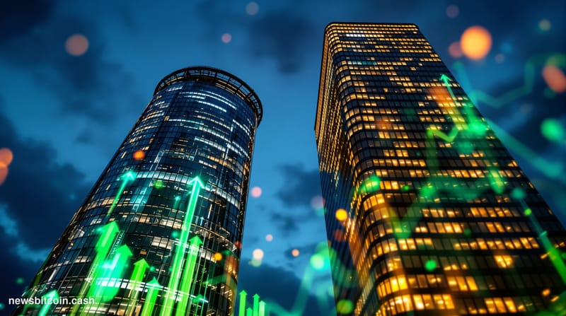A cinematic photorealistic editorial photograph shot at a low angle looking up at two distinct towers — one representing a cl