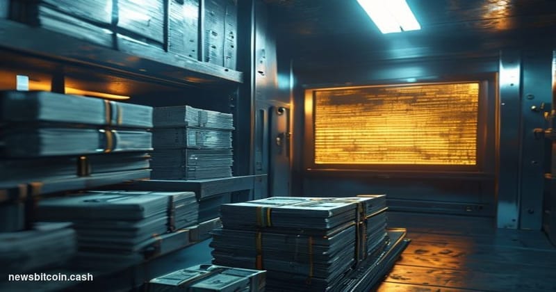A cinematic photorealistic editorial photograph of a corporate treasury vault interior bathed in cold blue-white fluorescent 