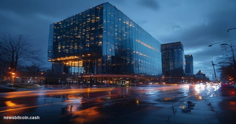 Cinematic photorealistic editorial photograph of Sberbank's iconic green-branded Moscow headquarters on Vavilov Street, shot 