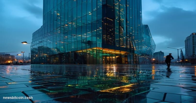 Cinematic photorealistic editorial photograph of the iconic Sberbank headquarters building in Moscow, a modernist glass-and-s