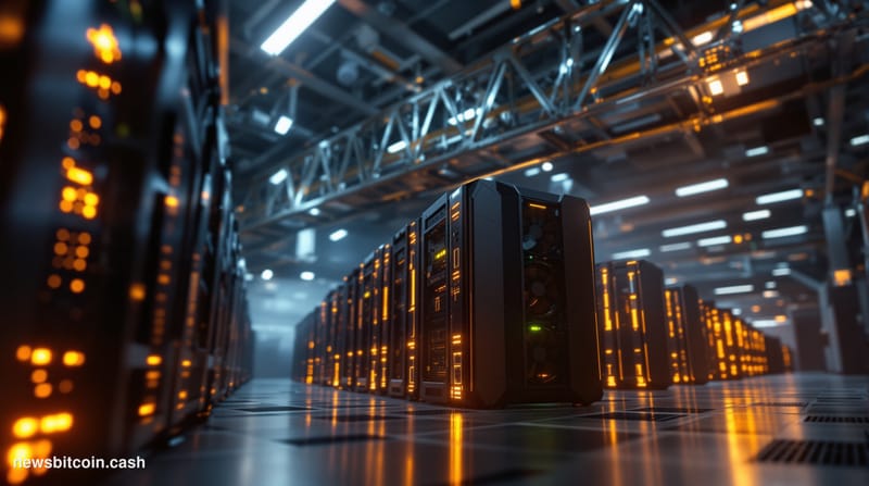 Cinematic photorealistic editorial photograph of a large-scale industrial Bitcoin mining facility interior in Japan, with row