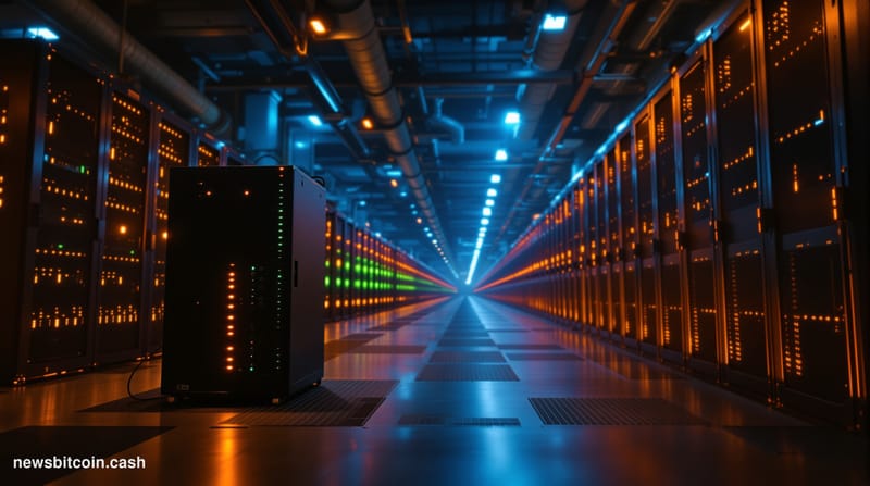 A cinematic photorealistic editorial photograph of a large-scale Bitcoin mining facility at twilight, rows of ASIC mining rig