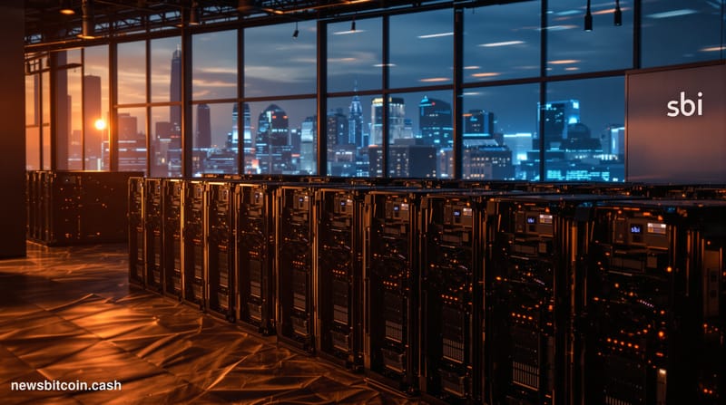 Cinematic photorealistic editorial photograph of a large-scale Bitcoin mining facility in partial shutdown, set against the b