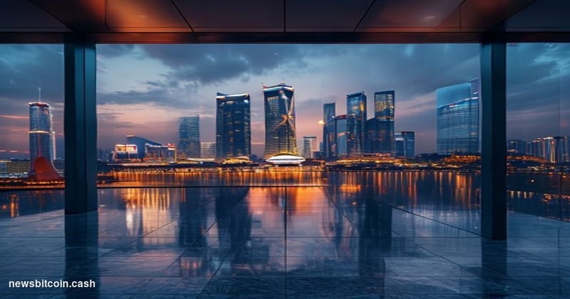Cinematic photorealistic editorial photograph of the Singapore financial district skyline at dusk, shot from a low angle with