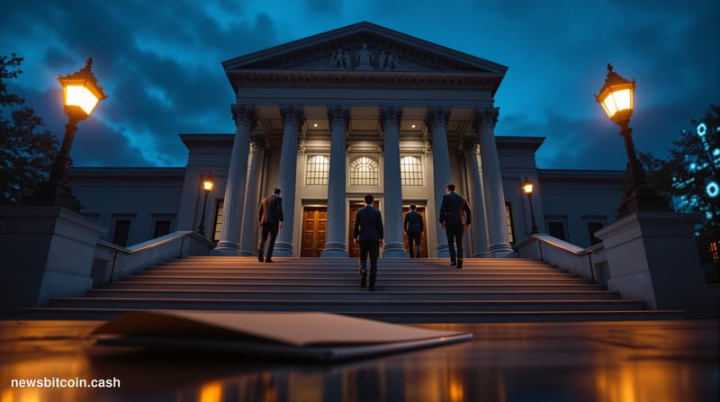 Cinematic photorealistic editorial photograph of a dimly lit federal courthouse entrance at dusk, shot from a low angle looki