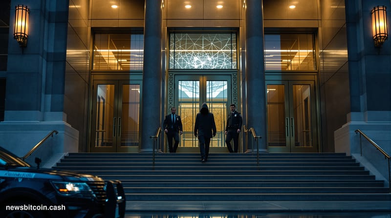 Cinematic photorealistic editorial photograph of a federal courthouse entrance in the United States — marble steps and bronze
