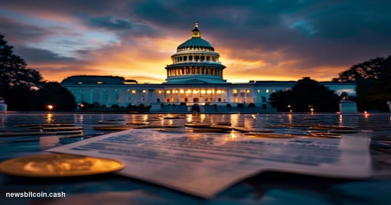 Cinematic photorealistic editorial photograph of the United States Capitol Building at dusk, shot from a low angle along the 