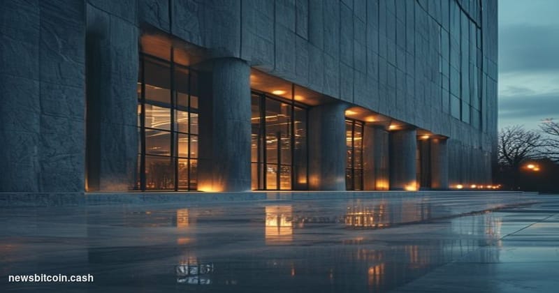 Cinematic photorealistic editorial photograph of the SEC headquarters building in Washington D.C. — the iconic brutalist faca