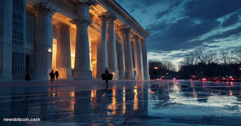 Cinematic photorealistic editorial photograph of the SEC headquarters building in Washington D.C. — the neoclassical facade o