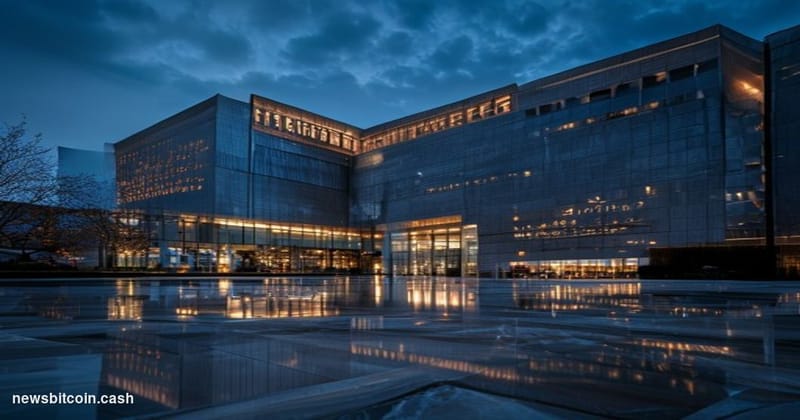 Cinematic photorealistic editorial photograph of the SEC headquarters building in Washington D.C. — the distinctive brutalist