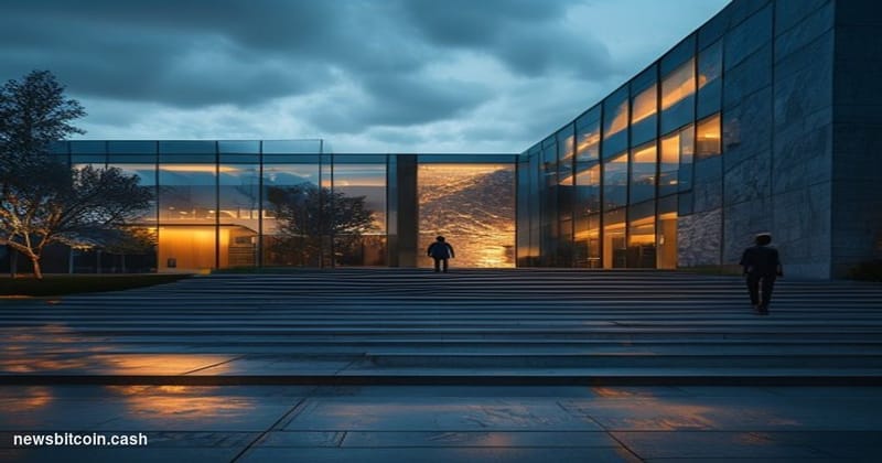 Cinematic photorealistic editorial photograph of the exterior of the SEC headquarters in Washington D.C., the modernist glass