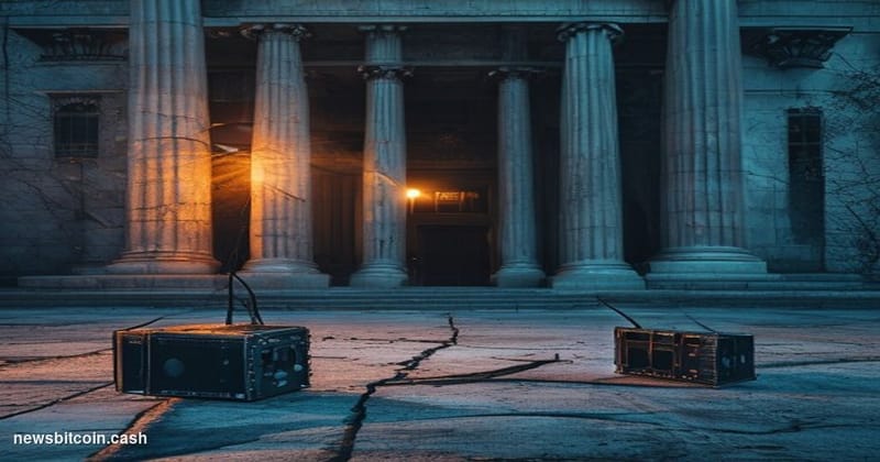 Cinematic photorealistic editorial photograph of a federal courthouse entrance in Washington D.C., shot at dusk with dramatic