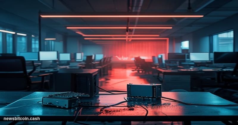 A cinematic photorealistic editorial photograph depicting a darkened crypto startup office interior in a state of abandonment