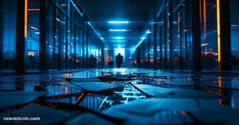 Cinematic photorealistic editorial photograph of a sleek, modern blockchain conference venue at night, with large digital sig