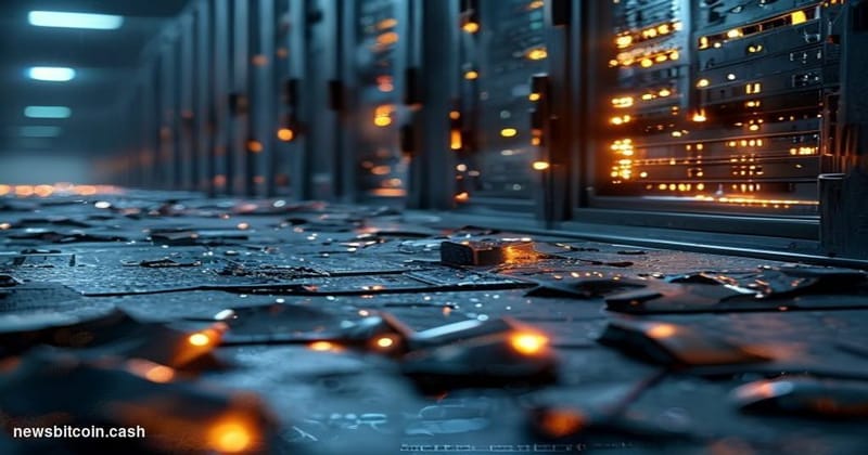 A dramatic close-up shot of a cracked and fractured digital vault door rendered in dark gunmetal grey, with the faint glow of
