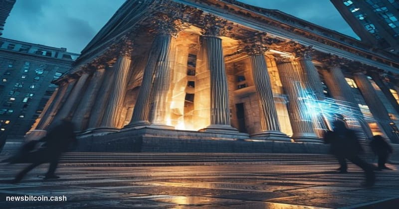 Cinematic photorealistic editorial photograph of the New York Stock Exchange building on Wall Street, shot from a low angle l
