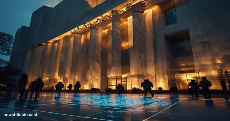 Cinematic photorealistic editorial photograph of the U.S. Securities and Exchange Commission headquarters in Washington D.C.,