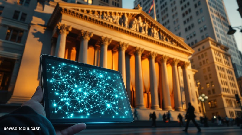 Cinematic photorealistic editorial photograph of the New York Stock Exchange's iconic neoclassical facade on Wall Street, cap