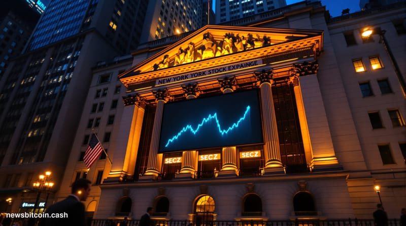 Cinematic photorealistic editorial photograph of the New York Stock Exchange building on Wall Street at dusk, its iconic neoc