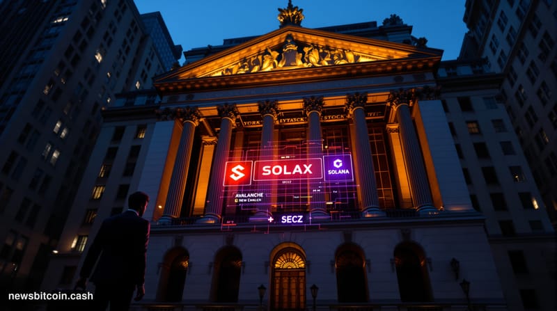 Cinematic photorealistic editorial photograph of the New York Stock Exchange building on Wall Street, facade lit with warm go