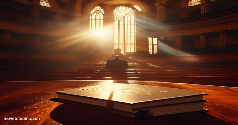 Cinematic photorealistic editorial photograph of the United States Senate chamber interior, shot from a low angle looking tow