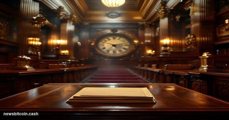 Cinematic photorealistic editorial photograph of the United States Senate chamber interior, shot from a low angle looking tow